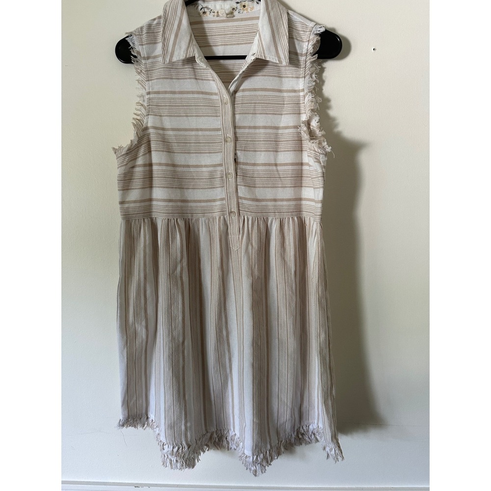 Tan White Striped Sleeveless Frayed Hem Button Front Mini Dress Boho Tunic linen